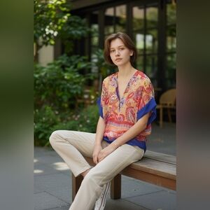 Tommy Bahama Red and Blue Paisley V-Neck Blouse silk